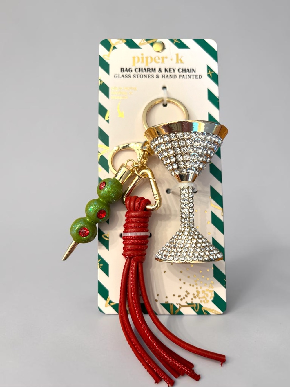 Piper k Red Tassel, Green Olive & Crystal Martini Bag Charm Keychain